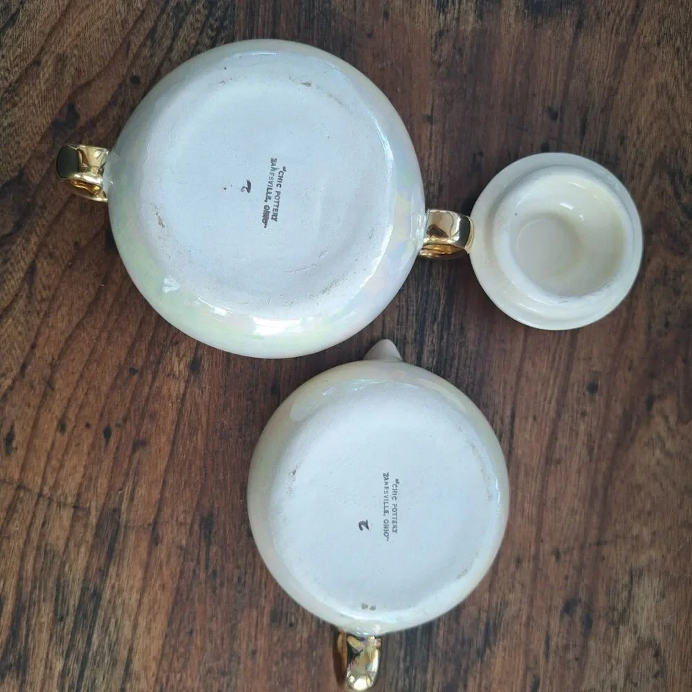 Vintage 60's 2pc Set Chic Pottery Ohio Sugar Creamer Bowl Dish Lusterware Gold